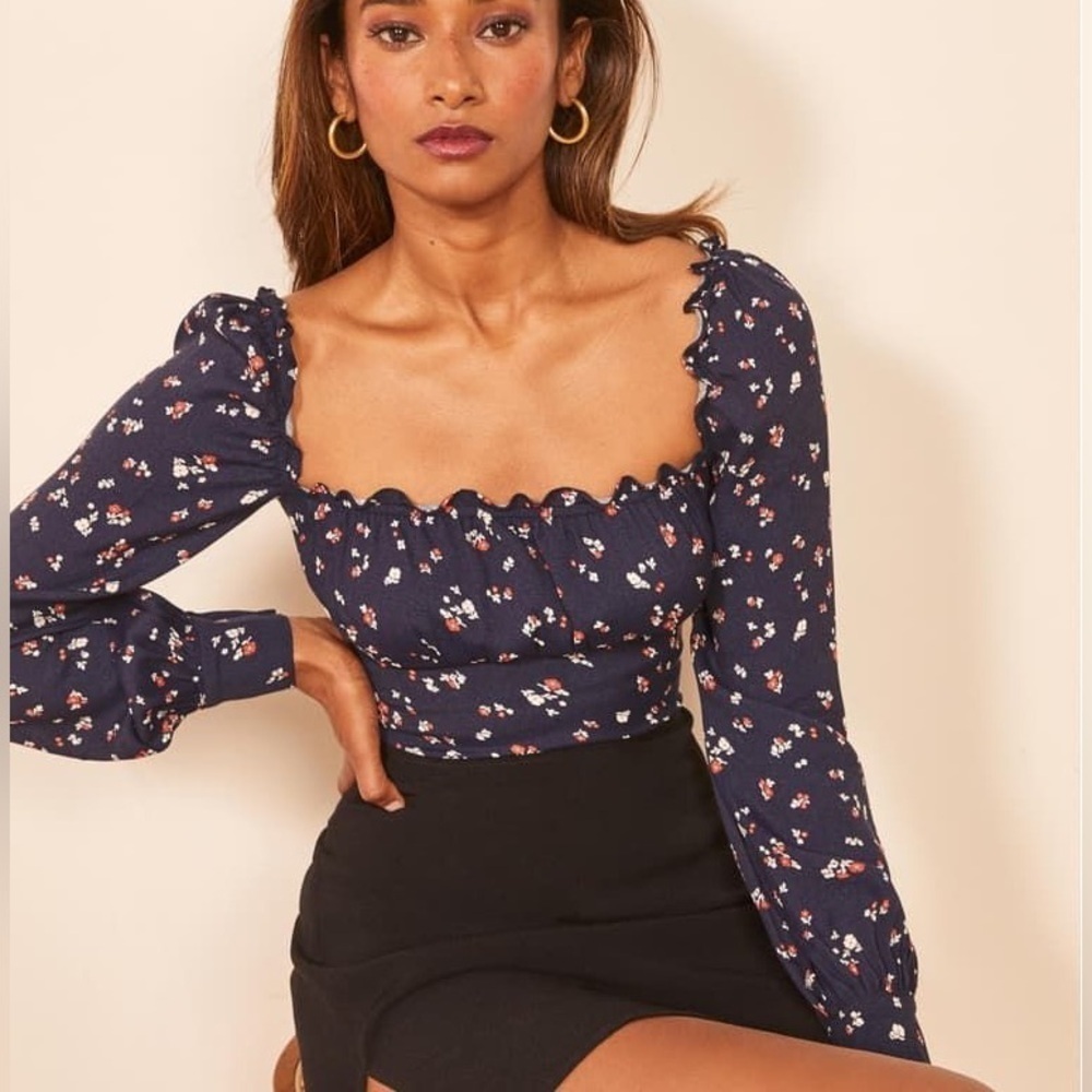 Reformation Navy Blue Floral Square-Neck Puff Sleeve Top